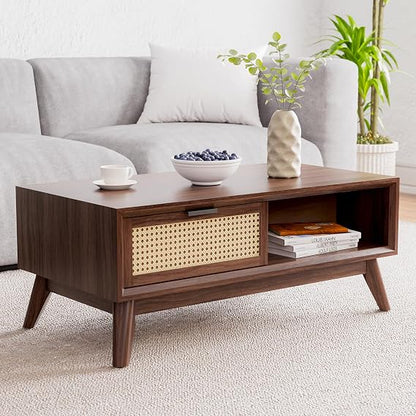 Modern Solid Wood Coffee Table with Storage, Accent Rattan Design