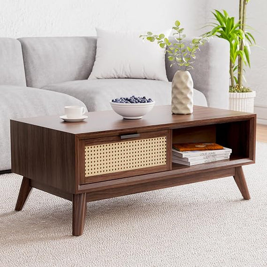 Modern Solid Wood Coffee Table with Storage, Accent Rattan Design