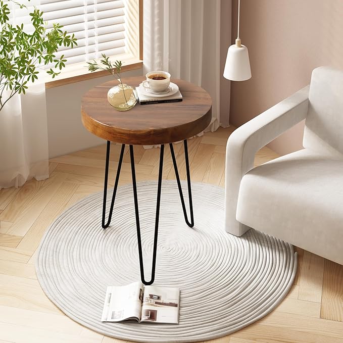 Solid Wood Side Table with 3 Metal Hairpin Legs for Bedroom, Round End Table Next to Living Room Sofa