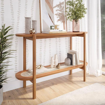Solid Sheesham Wood Rattan Console Table | Cane Entryway & Hallway Table with Storage