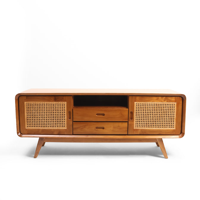 Solid Sheesham Wood Rattan TV Console | Modern Cane Media Unit & Entertainment Center