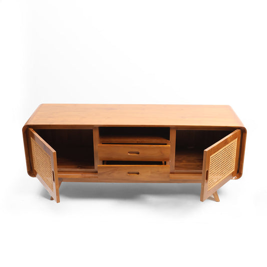 Solid Sheesham Wood Rattan TV Console | Modern Cane Media Unit & Entertainment Center