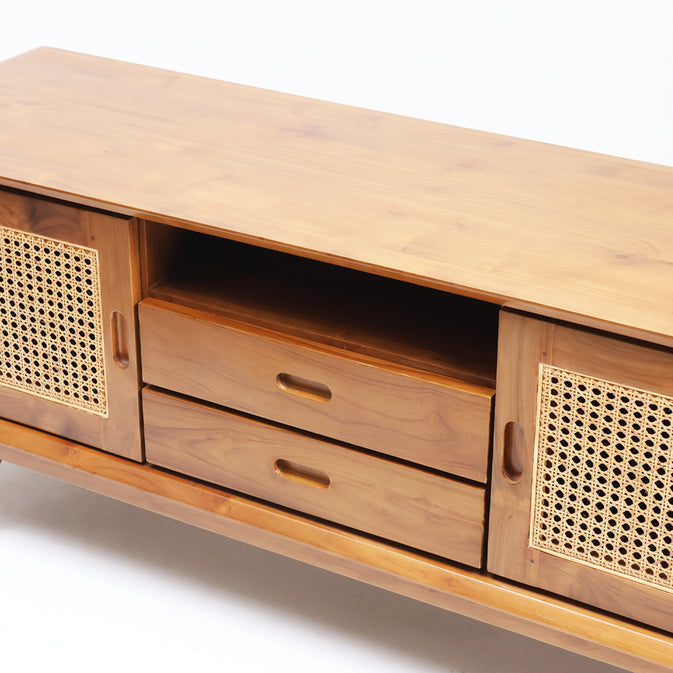 Solid Sheesham Wood Rattan TV Console | Modern Cane Media Unit & Entertainment Center