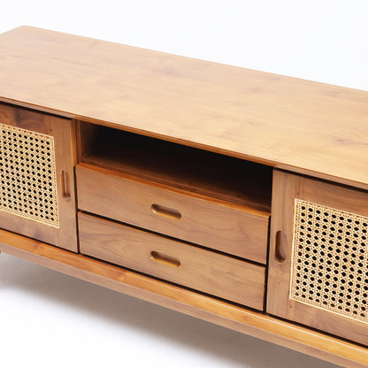 Solid Sheesham Wood Rattan TV Console | Modern Cane Media Unit & Entertainment Center