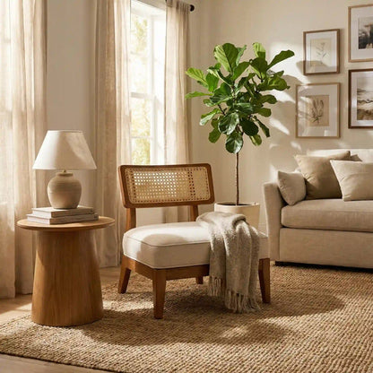 Solid Sheesham Wood Rattan Lounge Chair | Handcrafted Cane Accent Chair