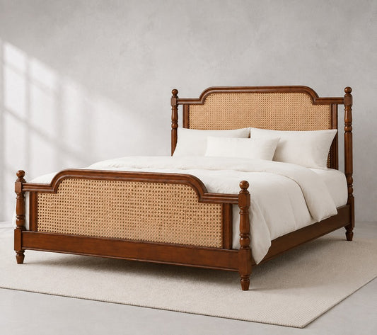 Handcrafted Wooden Cane Bed | Solid Wood Bed Frame