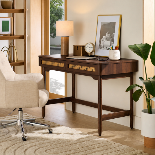 Solid Sheesham Wood Writing Desk with Cane Drawers | Home Office Laptop Table | Modern Study Desk