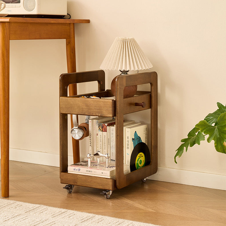Japanese Style Solid Wood 2-Tier Side Table | Rounded Square Mobile Table