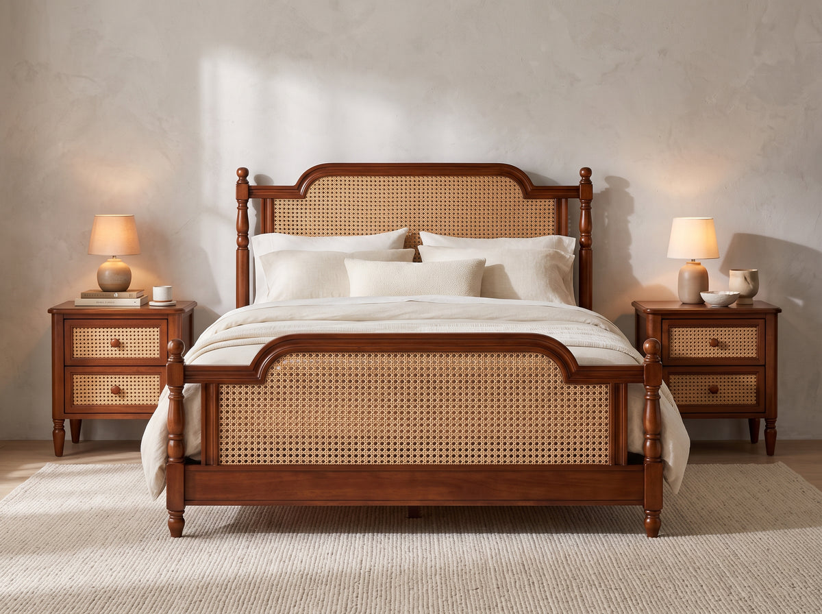 Handcrafted Wooden Cane Bed | Solid Wood Bed Frame