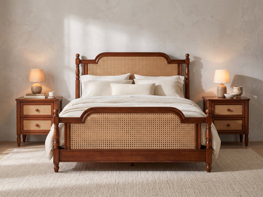 Handcrafted Wooden Cane Bed | Solid Wood Bed Frame