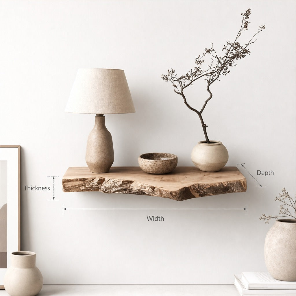 Rustic Live Edge Floating Bedside Shelf – Solid Wood Wall Shelf