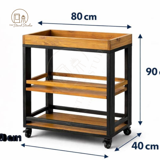 3-Tier Wooden Rolling Serving Cart with Storage Shelves