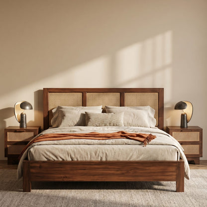 Rattan Cane Bed Set | Handcrafted Solid Wood Bedroom Set