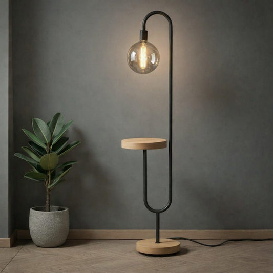 Modern Globe Shelf Floor Lamp: Handmade Oak & Metal Lighting