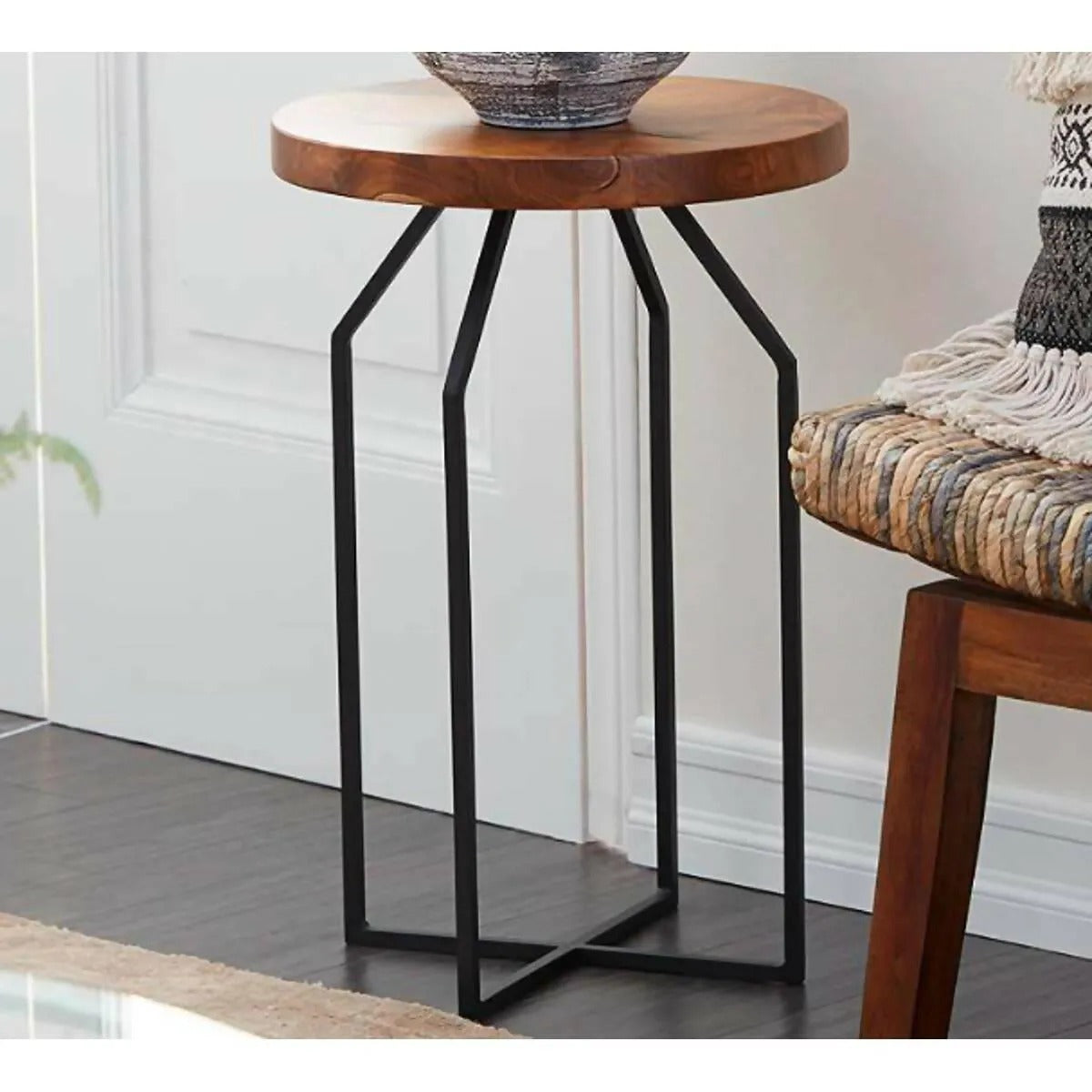 Sheesham Wood Black Metal Accent Table