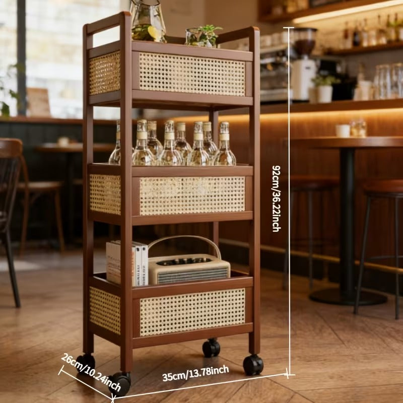 3-Tier Rolling Storage Cart with Wheels, Wooden Rattan Organizer with Double Handles