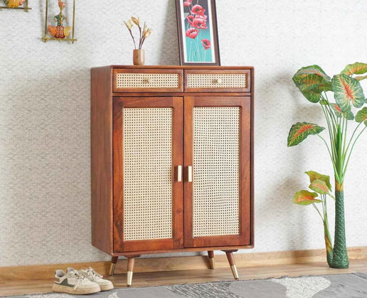 Solid Sheesham Wood Shoe Rack Cabinet | Modern Wooden Shoe Storage Organizer