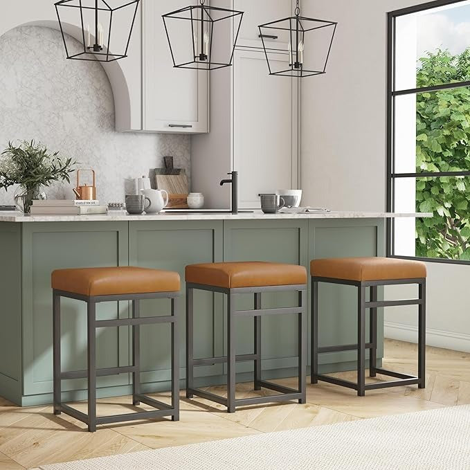 Modern 24-Inch Counter Stool | Backless Metal Frame Bar Stools Counter Height | Decorative Home Furniture, Carmel Faux Leather
