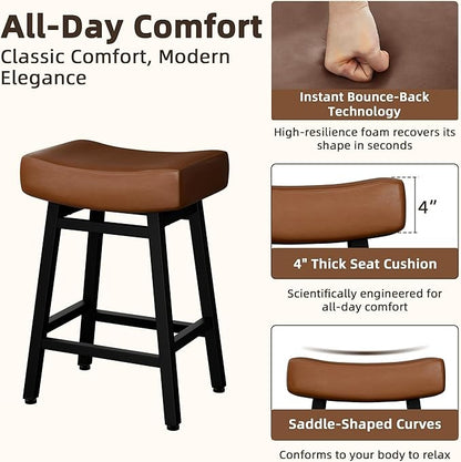 Counter Height Bar, 24 Inch Backless Bar Stools for Kitchen Island Leather Saddle Bar Chairs Kitchen Stools with 4" Thick Seats &amp; Heavy Duty Metal Base, Black