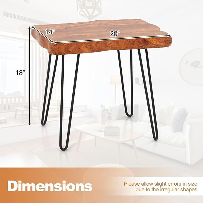 Sheesham Wood End Table, Solid Live Edge Outdoor Side Table w/Natural Grain &amp; Heavy-Duty Metal Legs, Rustic Plant Stand for Living Room Patio Balcony