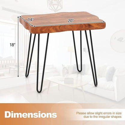 Sheesham Wood End Table, Solid Live Edge Outdoor Side Table w/Natural Grain &amp; Heavy-Duty Metal Legs, Rustic Plant Stand for Living Room Patio Balcony