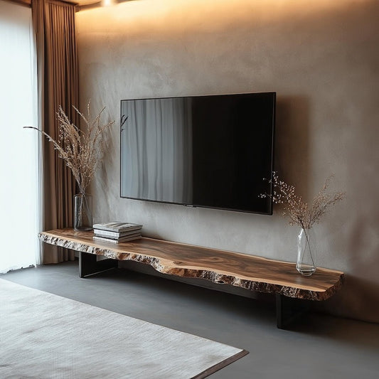 Rustic Live Edge TV Stand – Solid Sheesham Wood Floating Console Shelf – Handmade Natural Media Cabinet & Wooden TV Bench