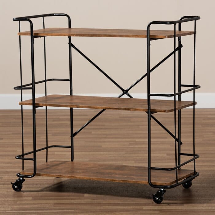 Neal Rustic Industrial Black Metal & Sheesham Wood Bar and Kitchen Serving Cart with Wheels