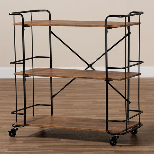 Neal Rustic Industrial Black Metal & Sheesham Wood Bar and Kitchen Serving Cart with Wheels