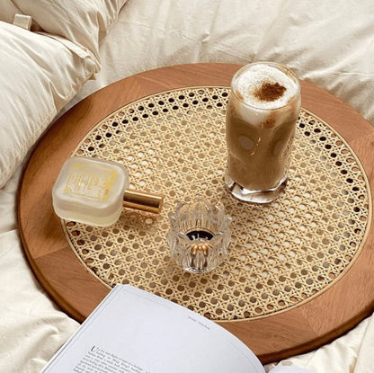 Handcrafted Rattan & Sheesham Wood Round Serving Tray | Rustic Coffee & Tea Tray
