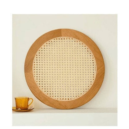 Handcrafted Rattan & Sheesham Wood Round Serving Tray | Rustic Coffee & Tea Tray