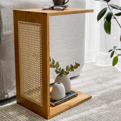 C-Shaped Oak Wood & Rattan Side Table | Modern Sofa & Bedside End Table