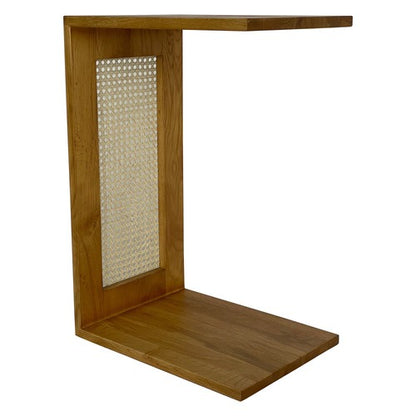C-Shaped Oak Wood & Rattan Side Table | Modern Sofa & Bedside End Table