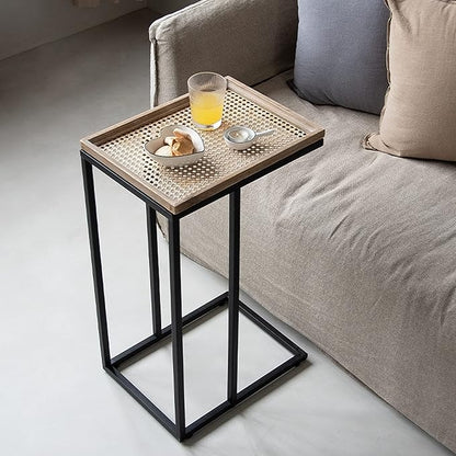 Farmhouse C-Shaped Couch End Table | Rustic Snack Side Table with Distressed Rattan Tray Top