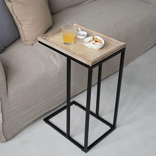Farmhouse C-Shaped Couch End Table | Rustic Snack Side Table with Distressed Rattan Tray Top