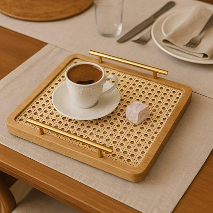Handmade Wooden Rattan Tray – Perfect Gift for Coffee Lovers – Rustic Boho Home Decor – Natural Cane Serving Tray