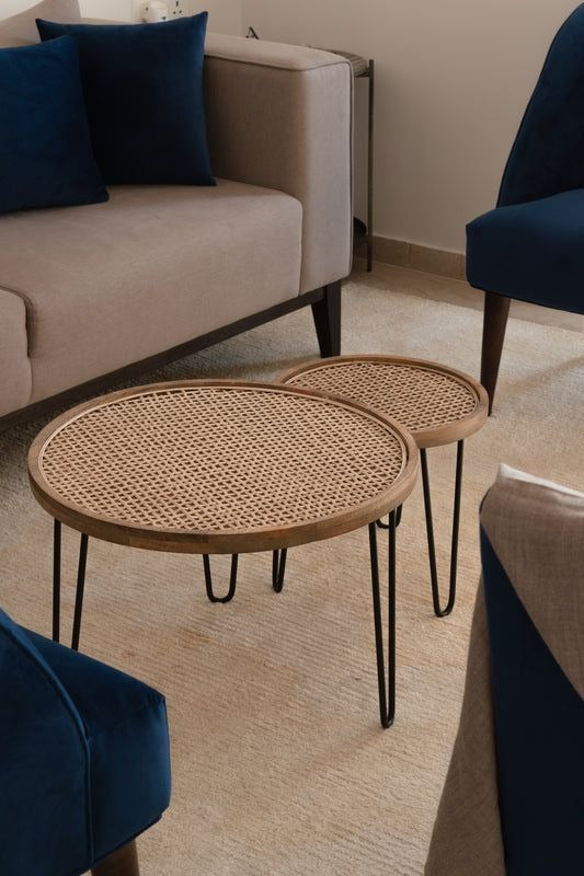 Handmade Rattan Round Side Tables (Pair) – Natural Cane Top with Hairpin Legs