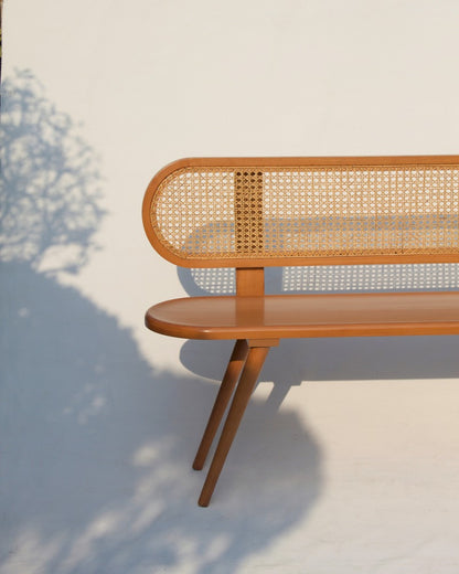Handcrafted Wooden Bench with Woven Rattan Seat – Stylish & Versatile Seating
