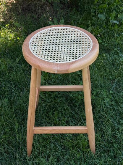 Customizable Handmade Wooden Bar Stool with Rattan Seat – Natural Wood & Black Finish
