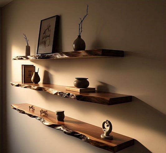 Live Edge sheesham Floating Wall Shelves – Modern Solid Wood Shelf with Easy Installation & Hardware