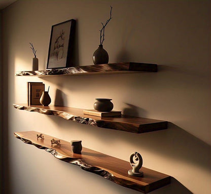 Live Edge sheesham Floating Wall Shelves – Modern Solid Wood Shelf with Easy Installation & Hardware