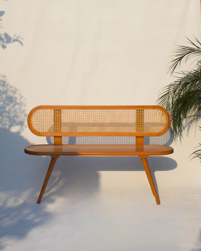 Handcrafted Wooden Bench with Woven Rattan Seat – Stylish & Versatile Seating