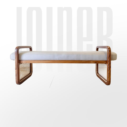 Sufi Rattan Bench in solid wood with cozy cushioning — ideal for entryways, lounge, or front of bed.
