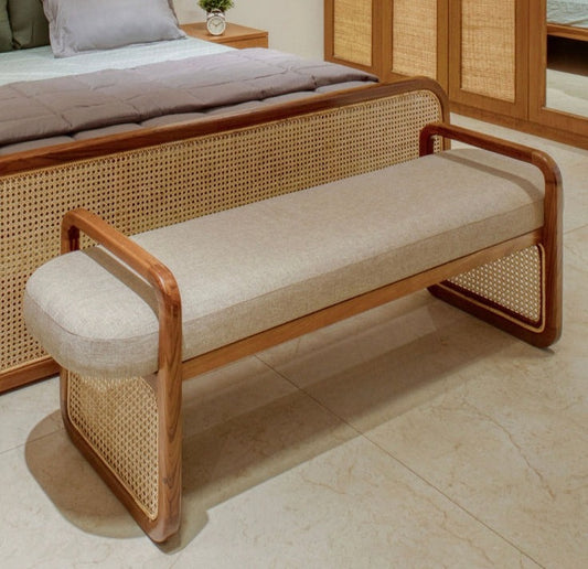 Sufi Rattan Bench in solid wood with cozy cushioning — ideal for entryways, lounge, or front of bed.