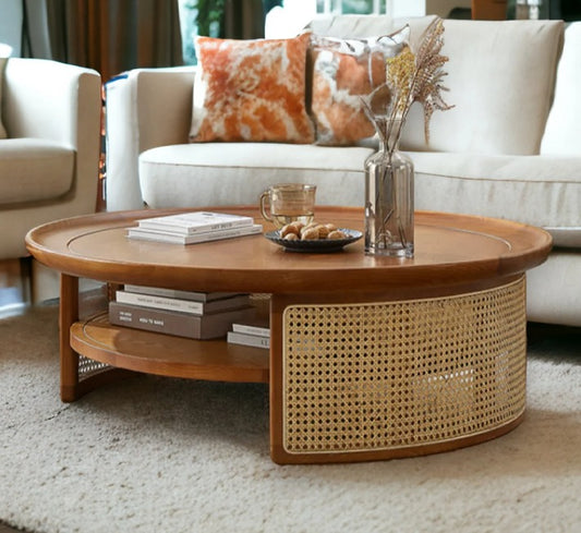 Rattan Coffee Table – Solid Wood Cane Center Table with Shelf – Modern Living Room Storage Table