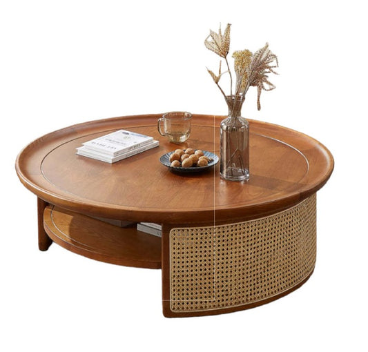 Rattan Coffee Table – Solid Wood Cane Center Table with Shelf – Modern Living Room Storage Table
