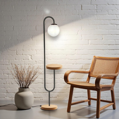 Modern Globe Shelf Floor Lamp: Handmade Oak & Metal Lighting