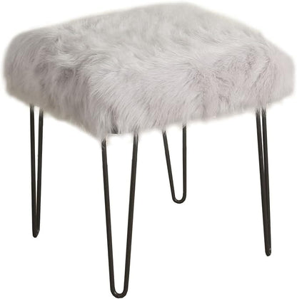 HomePop Faux Fur Decorative Square Ottoman with Metal Hairpin Legs, Grey