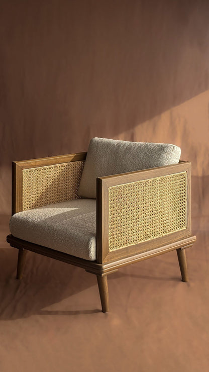 Rattan Armchair – Handcrafted Solid Wood & Cane Lounge Chair – Modern Minimalist Accent Seating