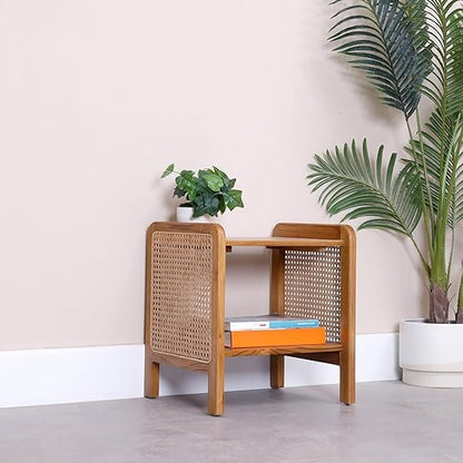 Urban Sheesham Wood & Rattan Side Table – Modern Boho Accent