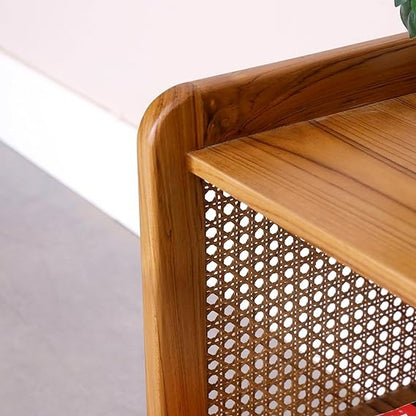 Urban Sheesham Wood & Rattan Side Table – Modern Boho Accent